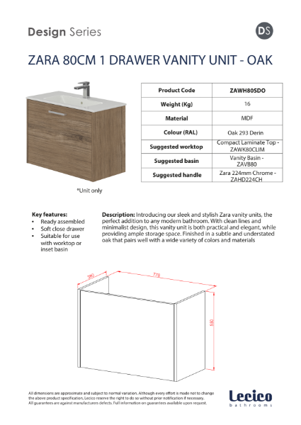 Zara 80 cm 1 Drawer Wall Hung Vanity Unit - Oak