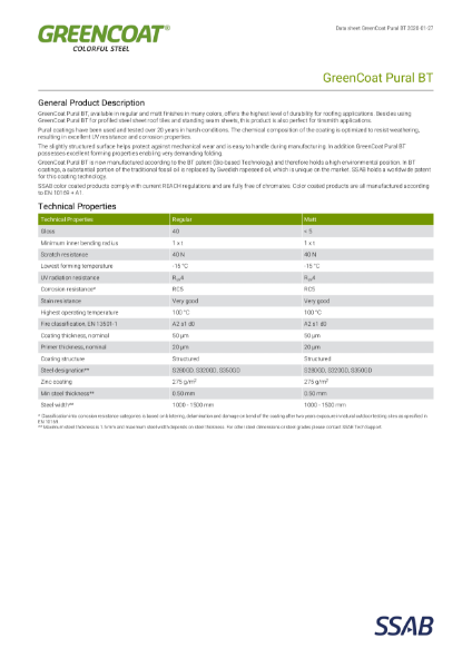 SSAB - GreenCoat Pural BT