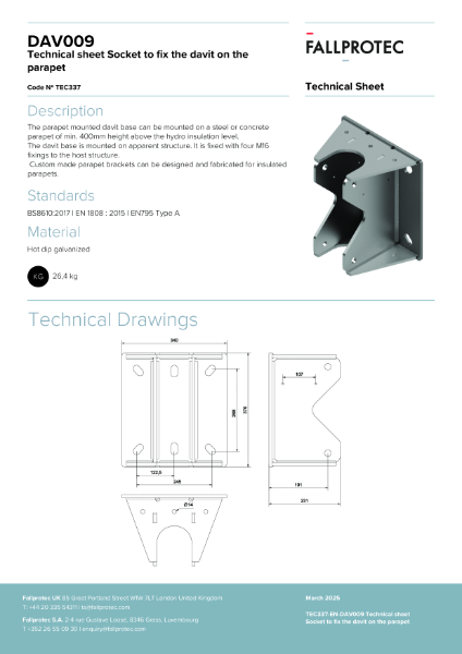 Davit Arm Parapet Socket for SkyDavit (DAV009)