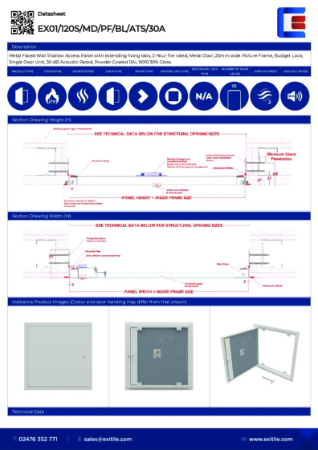 Datasheet - Slimfit Metal Access Panel - Picture Frame - 2 Hour Fire Rated - 30dB Acoustic - Airtight & Smoke Tested