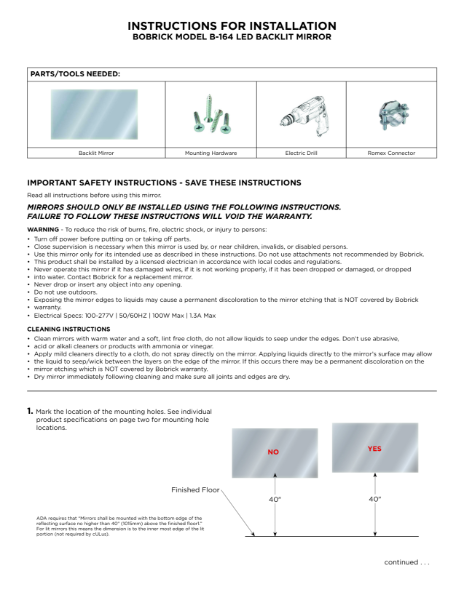 Instructions for Installation - Bobrick Model B-164 Backlit Mirror