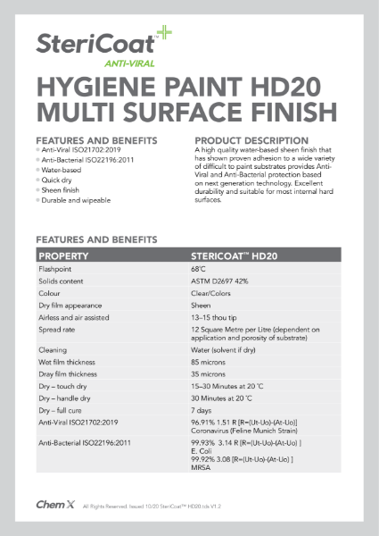 SteriCoat HD20 Anti-Viral Technical Data