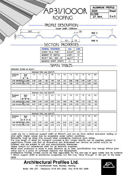 AP 31/1000R - Aluminium- Roofing Data Sheet