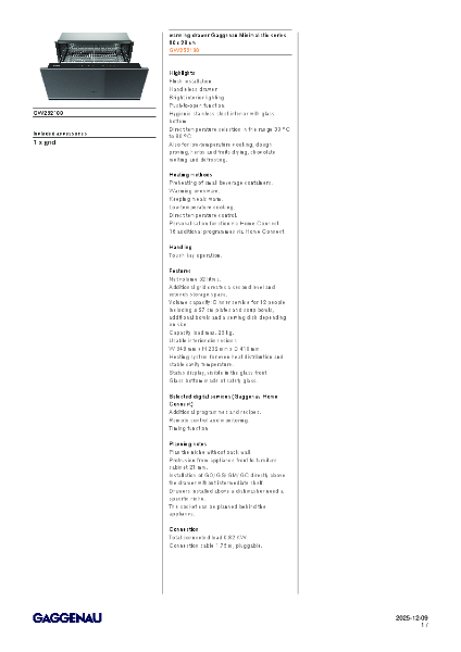 GW252100 Product Specification Sheet