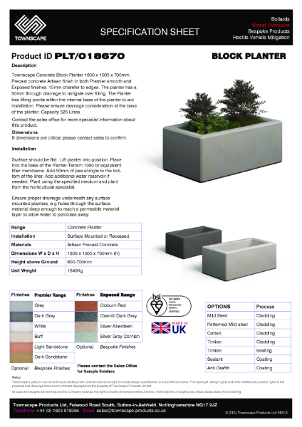 Townscape 1800x1000x700 Concrete Planter PLT018670