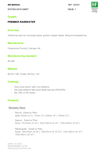 Premier Rainwater Systems Data Sheet