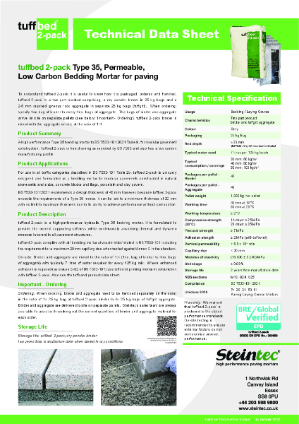 Technical Data - tuffbed 2-pack Type 35 permeable low carbon bedding mortar