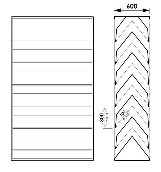 Acoustic Louvre Model AL3030D, 600 mm deep Double Bank Chevron - 300 mm Pitch Horizontal Metal Louvres