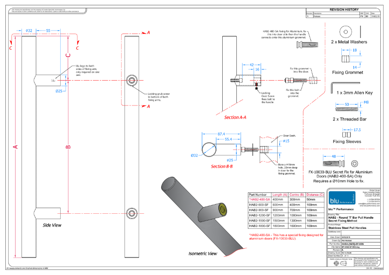 BLU™ HAB2 Inline Round 'T' Bar Pull Handle Secret Fix Coastal Group