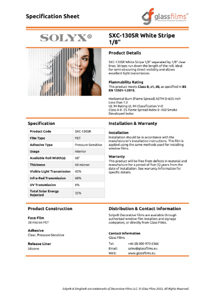 SXC-130SR White Stripe Specification Sheet