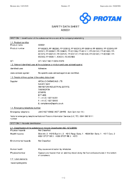 Protan (UK) Ltd Insulation Adhesive Safety Data Sheet, Bead Applied - Sept 2021