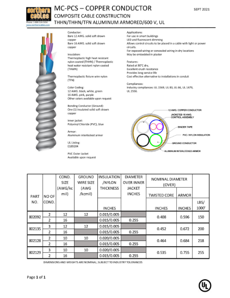 MC-PCS Solid Copper Circuit Size 600 Volts