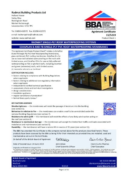BBA-15-5219-EshaPlan B and FB Single-Ply PVC Roof Waterproofing Membranes