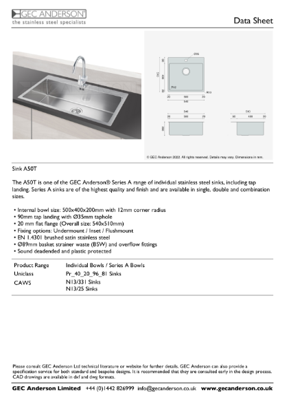GEC Anderson Data Sheet - Series A sink: A50T
