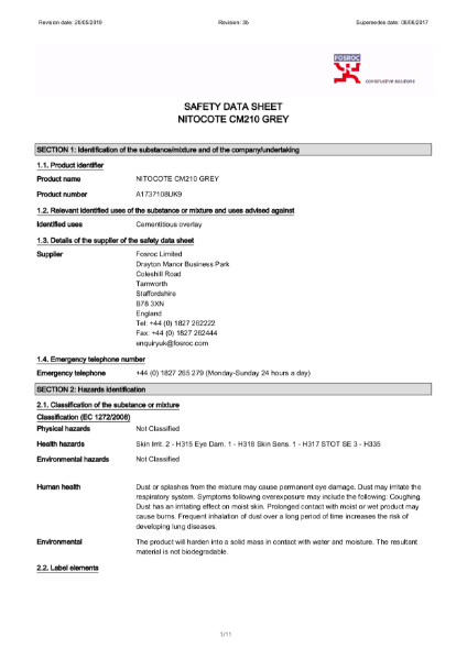 Fosroc Nitocote CM210 Safety Data Sheet
