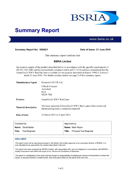 BSRIA Certification for FuranFlex 25 RWV