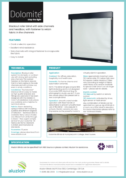 Aluzion Dolomite Blind™ Specification and Data Sheet