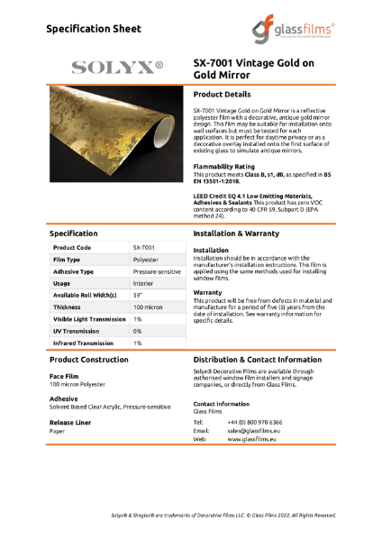 SX-7001 Vintage Gold on Gold Mirror Specification Sheet