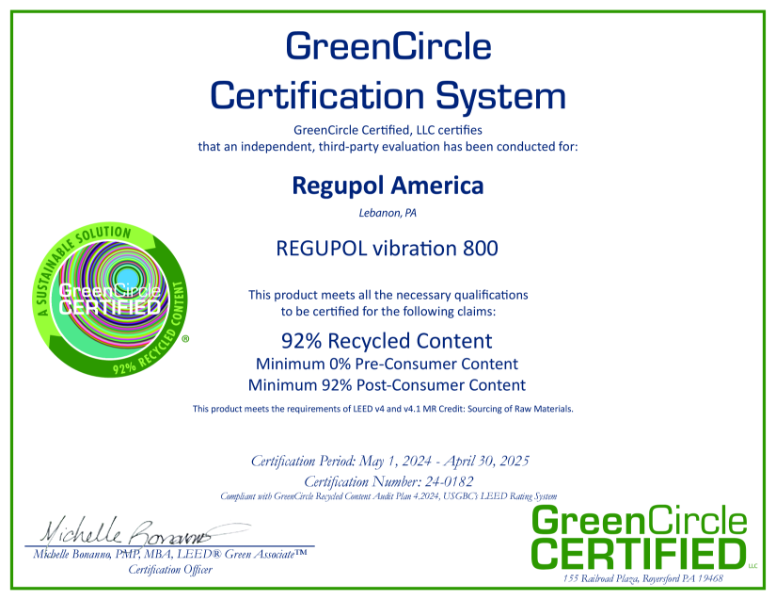 Regupol Green Circle Certificate vibration 800