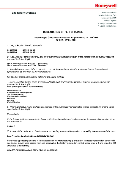 Honeywell Gent S4-34440-02 and S4-24440-12 EN54-4 & 17 Decoration of Performance