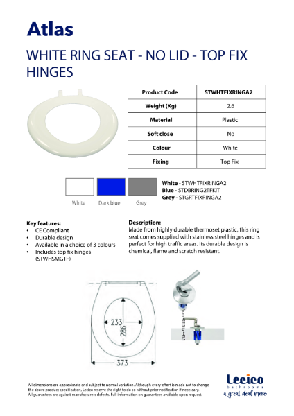 White Ring Seat with Top Fix Hinges No Lid