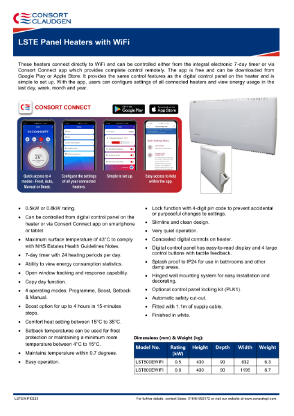 LSTE Panel Heater with Wi-Fi data sheet | Consort Claudgen | NBS Source