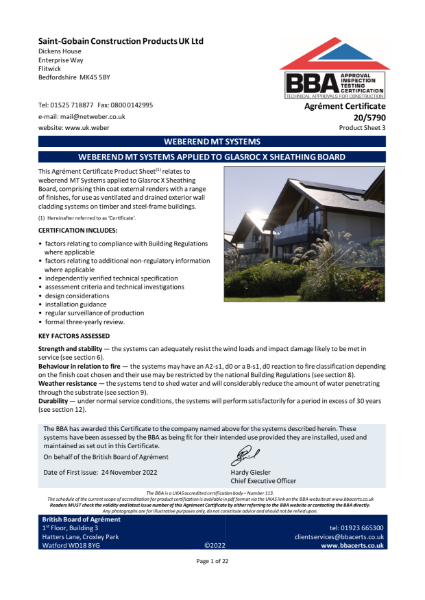 BBA Agrément Certificate (20/5790) Product Sheet 3 (weberend MT with Glasroc X sheathing board)