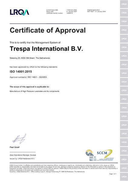 ISO 14001 certificate of approval