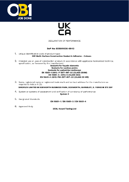 OB1 Hybrid Sealant & Adhesive DoP Colours