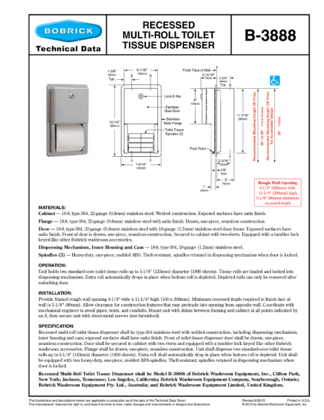 Recessed Multi-Roll Toilet Tissue Dispenser - B-3888
