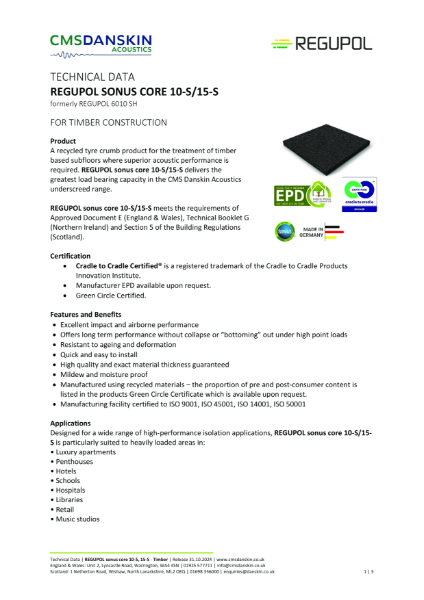 REGUPOL sonus core 10-S,15-S Timber Technical Data Sheet