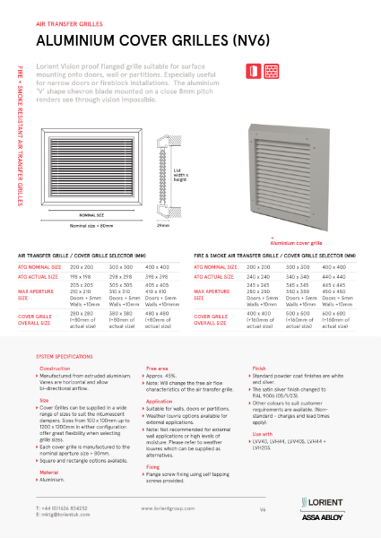 Aluminium cover grille NV6 datasheet