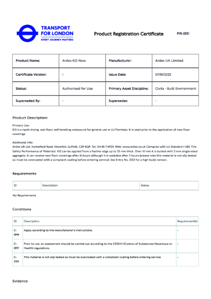 Transport For London Product Registration Certificate - ARDEX K 15