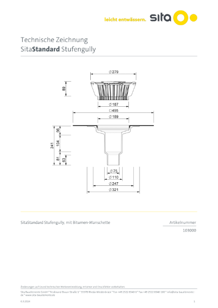 DN70/DN100 SitaStandard Stepped Roof Outlet - Technical Drawing