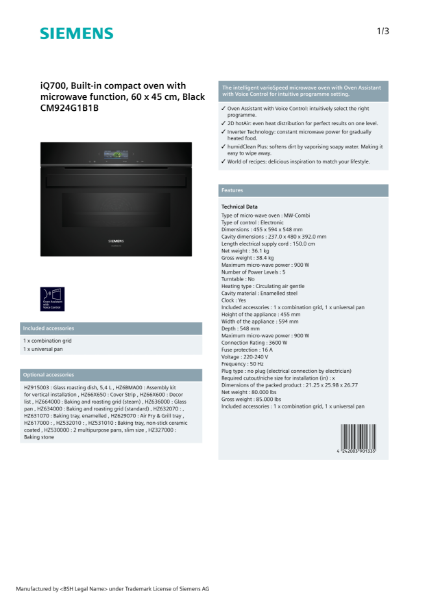 iQ700, Built-in compact oven with microwave function, 60 x 45 cm, Black CM924G1B1B