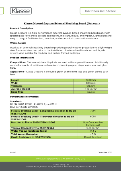 Klasse G-board Gypsum External Sheathing Board (Outwear) Data Sheet