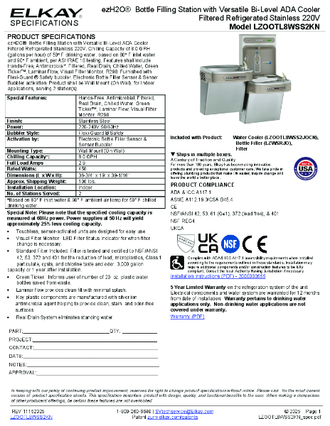 Elkay LZOOTL8WSS2KN Technical Data Sheet