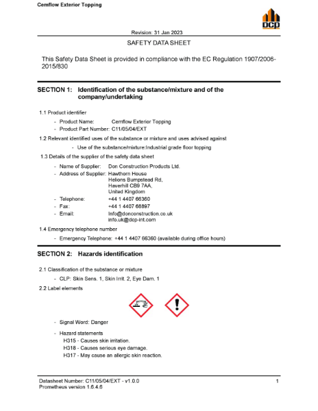 Cemflow Exterior Topping MSDS