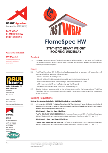 Branz Appraised: FlameSpec HW Roof Sarking