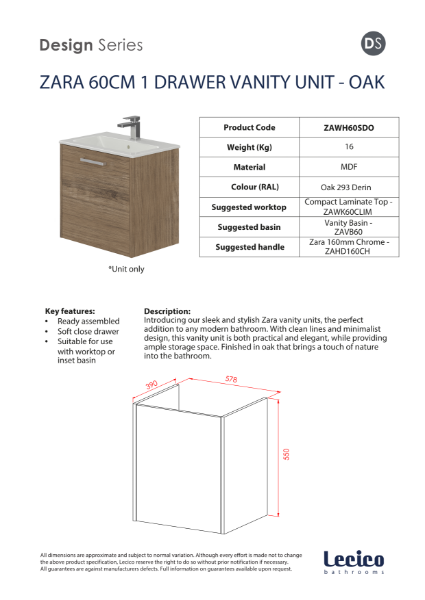 Zara 60 cm 1 Drawer Wall Hung Vanity Unit - Oak