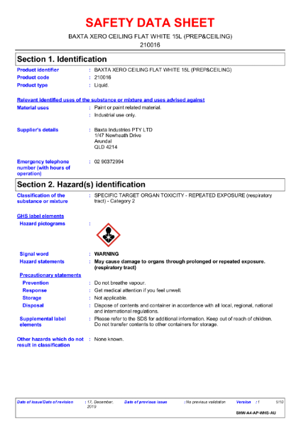 Xero Prep & Ceiling white Safety data sheet