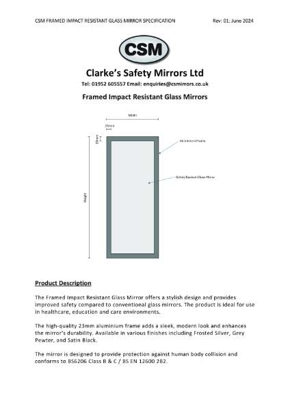 Framed Impacted Resistant Glass Mirror - Specification V1 06.24