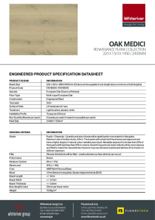 220 x 15 x 2400mm Renaissance Oak Medici Plank Spec Sheet