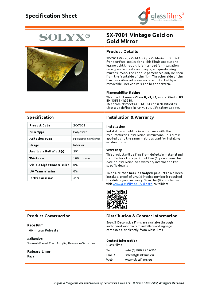 SX-7001 Vintage Gold on Gold Mirror Specification Sheet