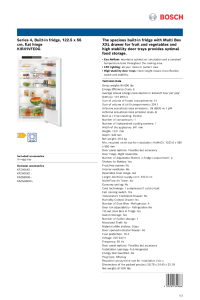 Series 4, Built-in fridge, 122.5 x 56
cm, flat hinge
KIR41VFE0G