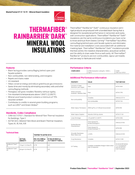 Thermafiber RainBarrier  Dark Mineral Wool Insulation Data Sheet