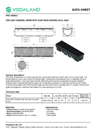 PRO 200P Channel drain H215, D400 Data Sheet