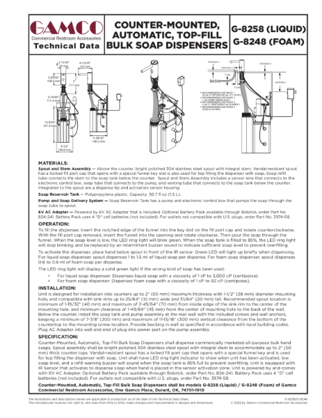 G-8248 Automatic, Top-Fill Foam Soap Dispenser Technical Data Sheet