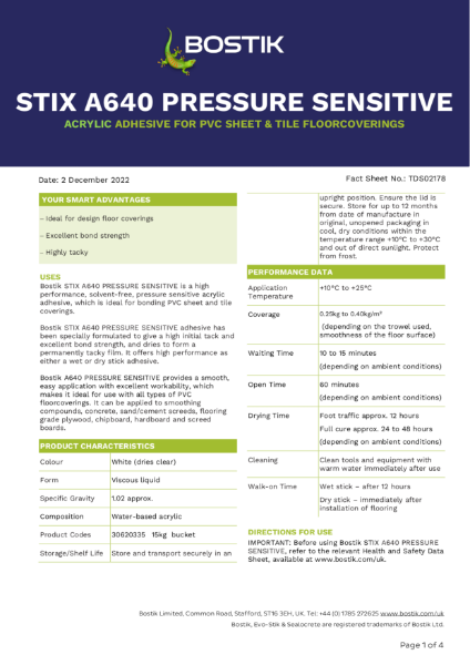 Bostik Stix A640 Pressure Sensitive Technical Data Sheet