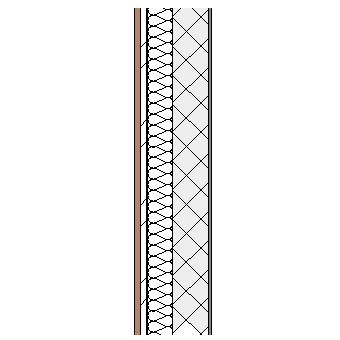 Cement bonded particleboard panel with metal frame, weather barrier, particleboard insulation, concrete block and plaster lining